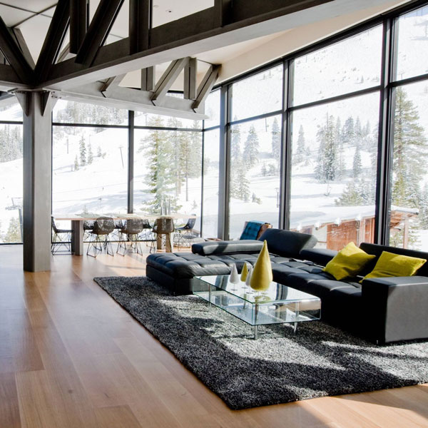 high end living room with large windows