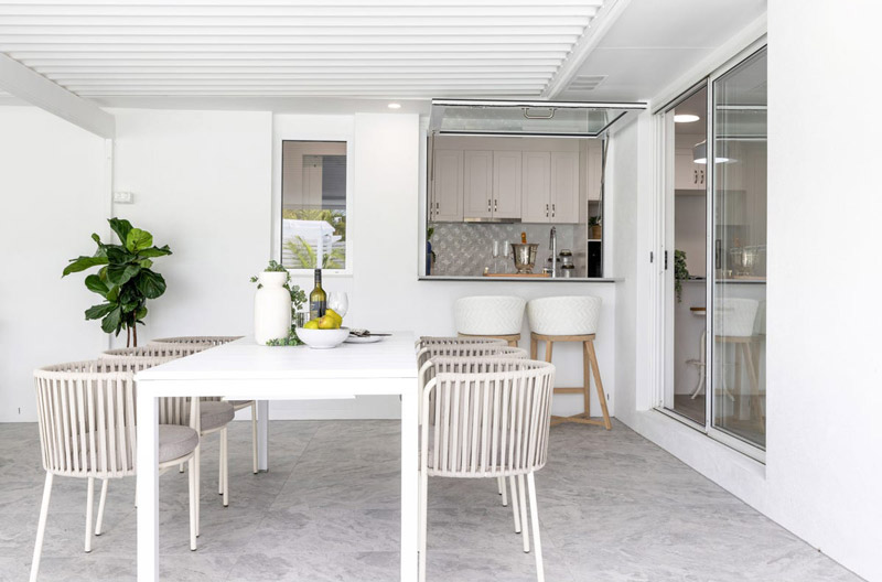 Covered patio with pass-through kitchen window